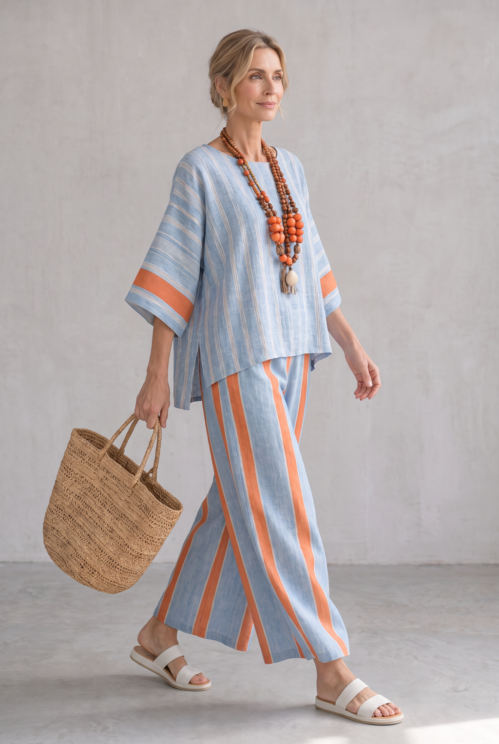Striped Linen Look Two-Piece Set For Women