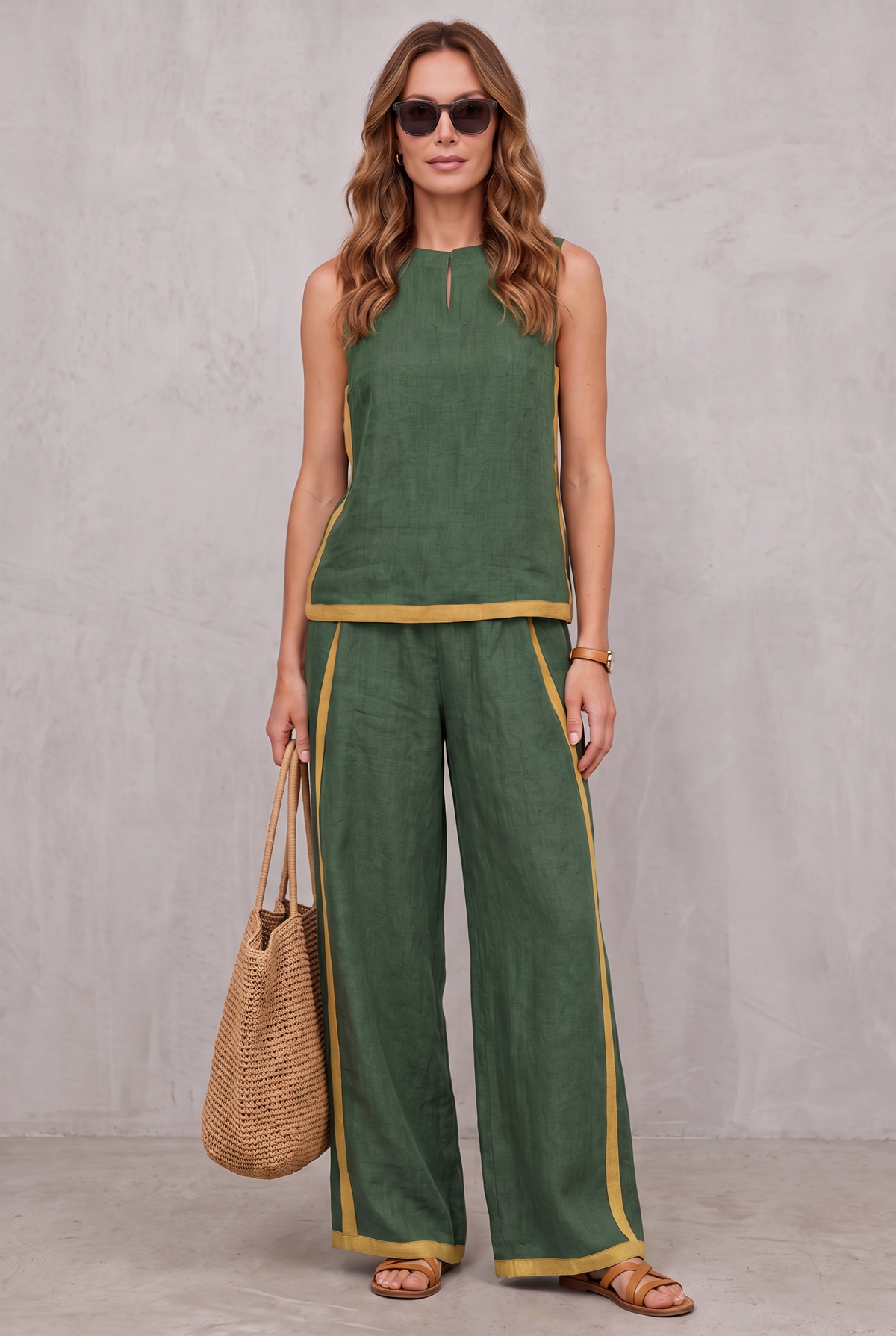 Linen Look Two-Piece Set For Women - Green