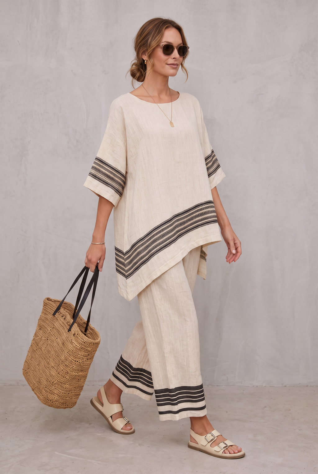 Striped Linen Look Two-Piece Set For Women