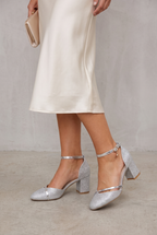 Silver Glitter Block Heel Sandals For Women