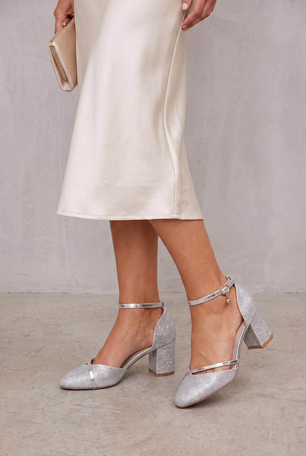 Silver Glitter Block Heel Sandals For Women