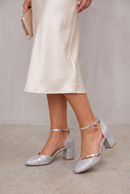 Silver Glitter Block Heel Sandals For Women