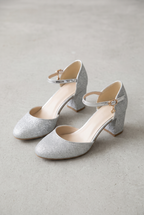 Silver Glitter Block Heel Sandals For Women