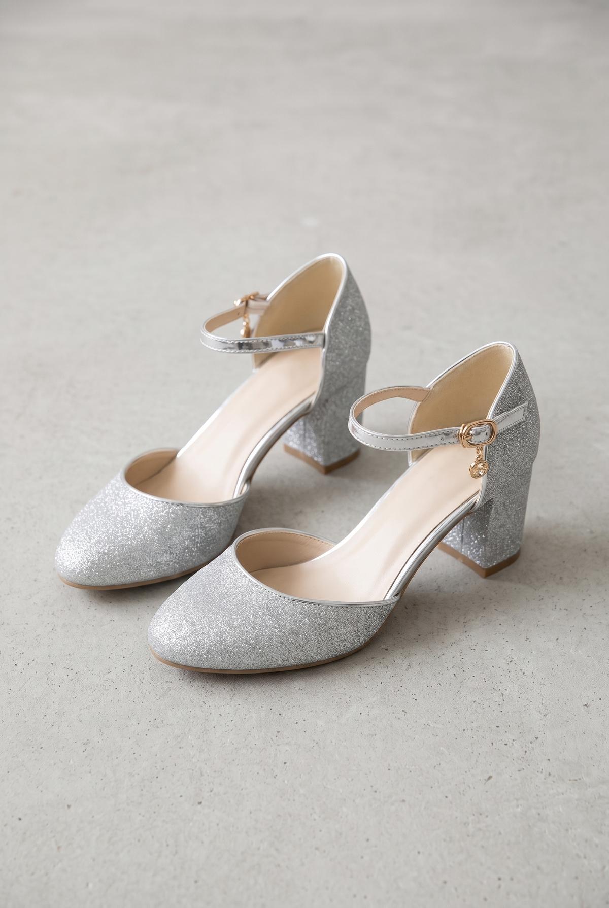 Silver Glitter Block Heel Sandals For Women