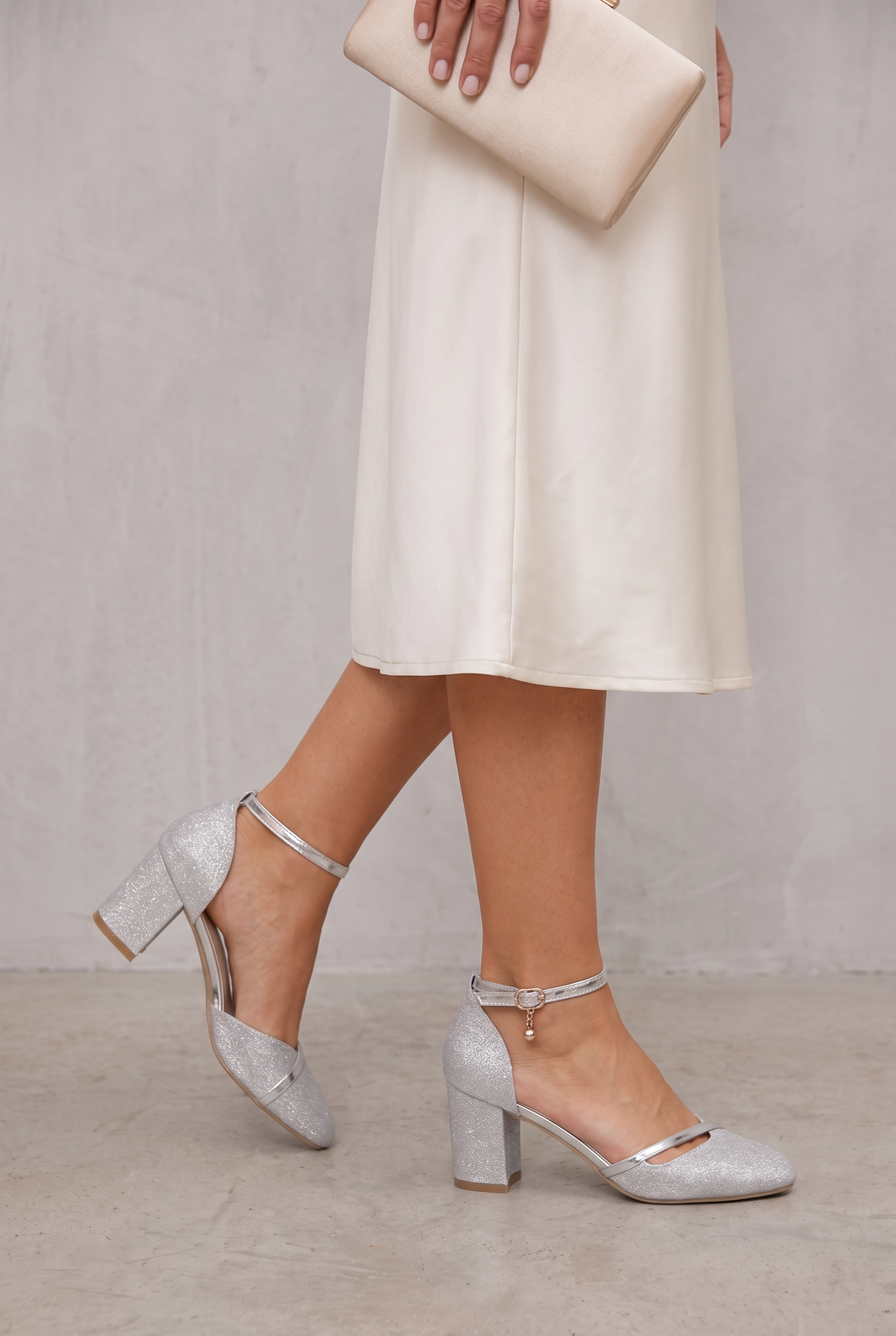 Silver Glitter Block Heel Sandals For Women