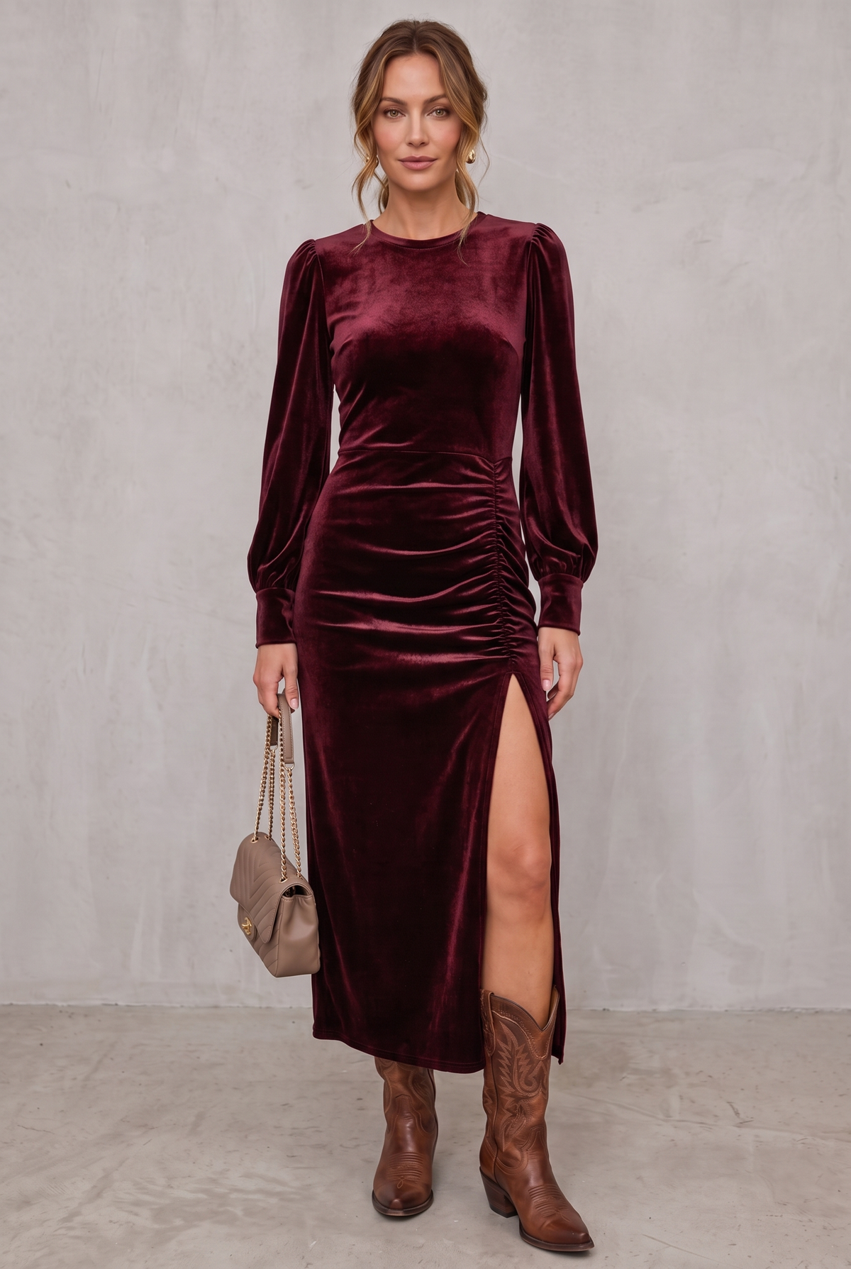 Velvet Midi Cocktail Dress For Women - Wine Red