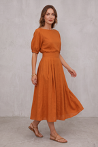 Puff Sleeve Top And Midi Skirt Set For Women