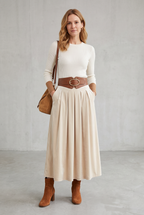 Velvet Pleated Skirt With Lace-Up Belt For Women