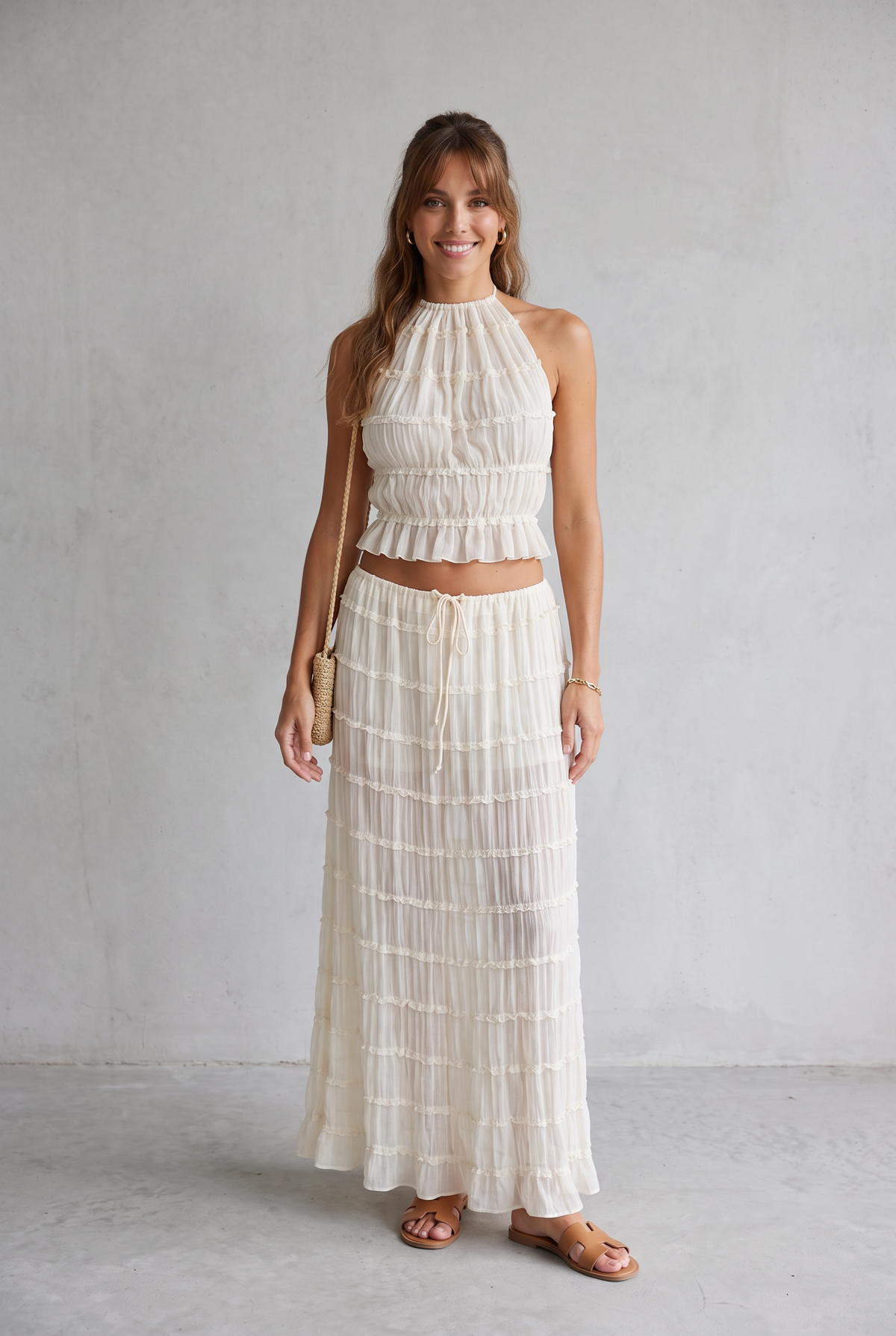 Ruffle Crop Top & Maxi Skirt Set For Women