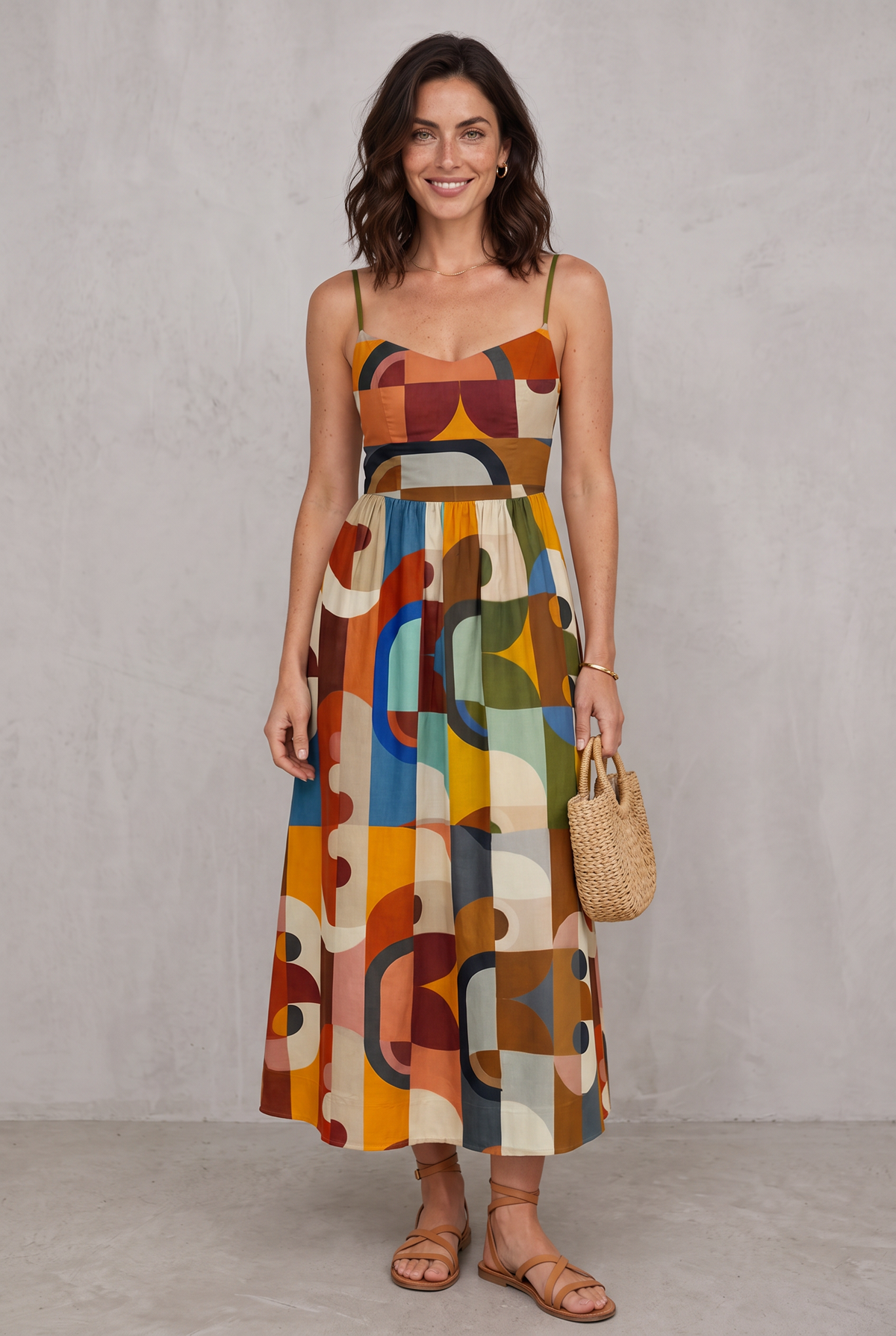 Multicolour Geometric Print Midi Dress For Women