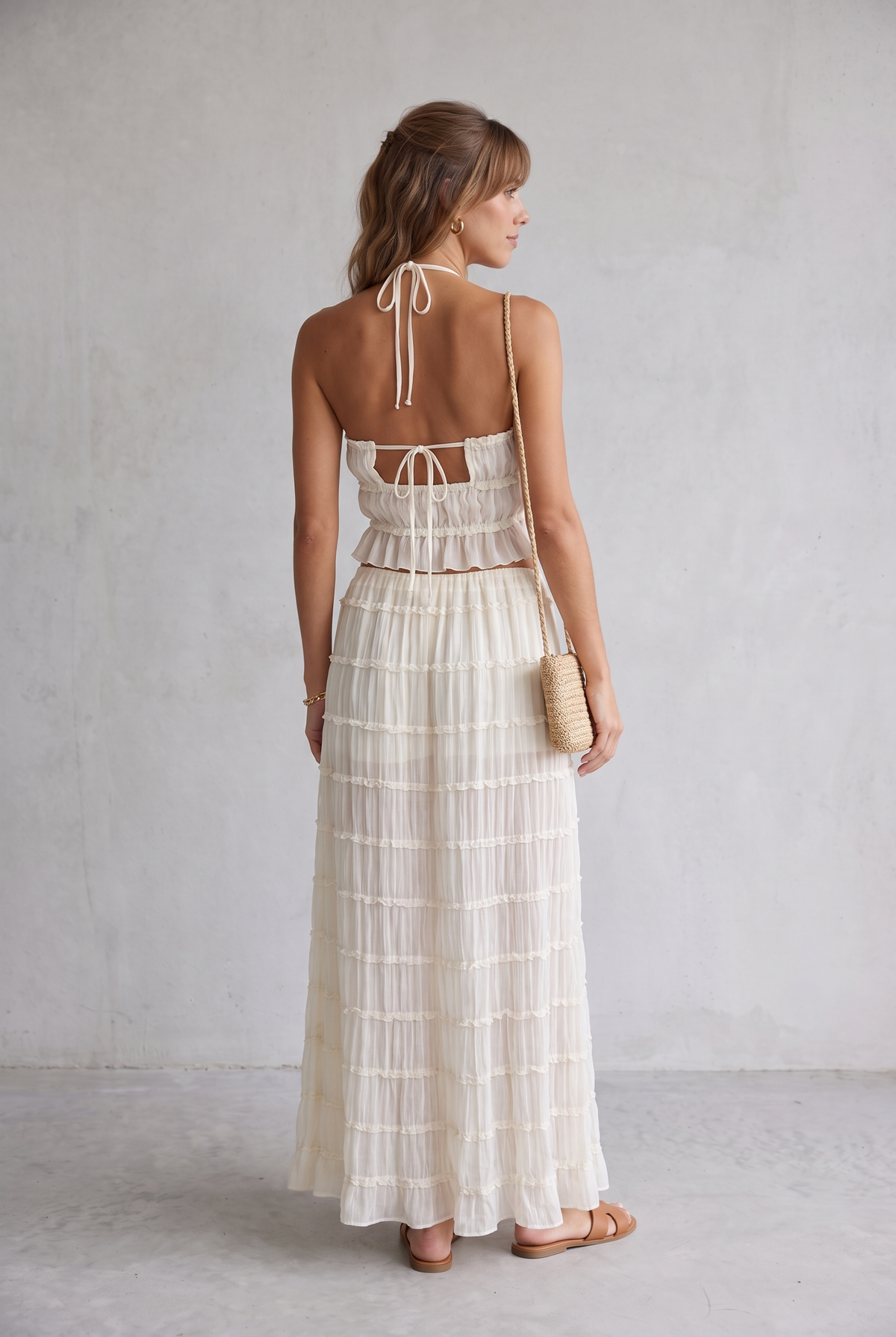 Ruffle Crop Top & Maxi Skirt Set For Women