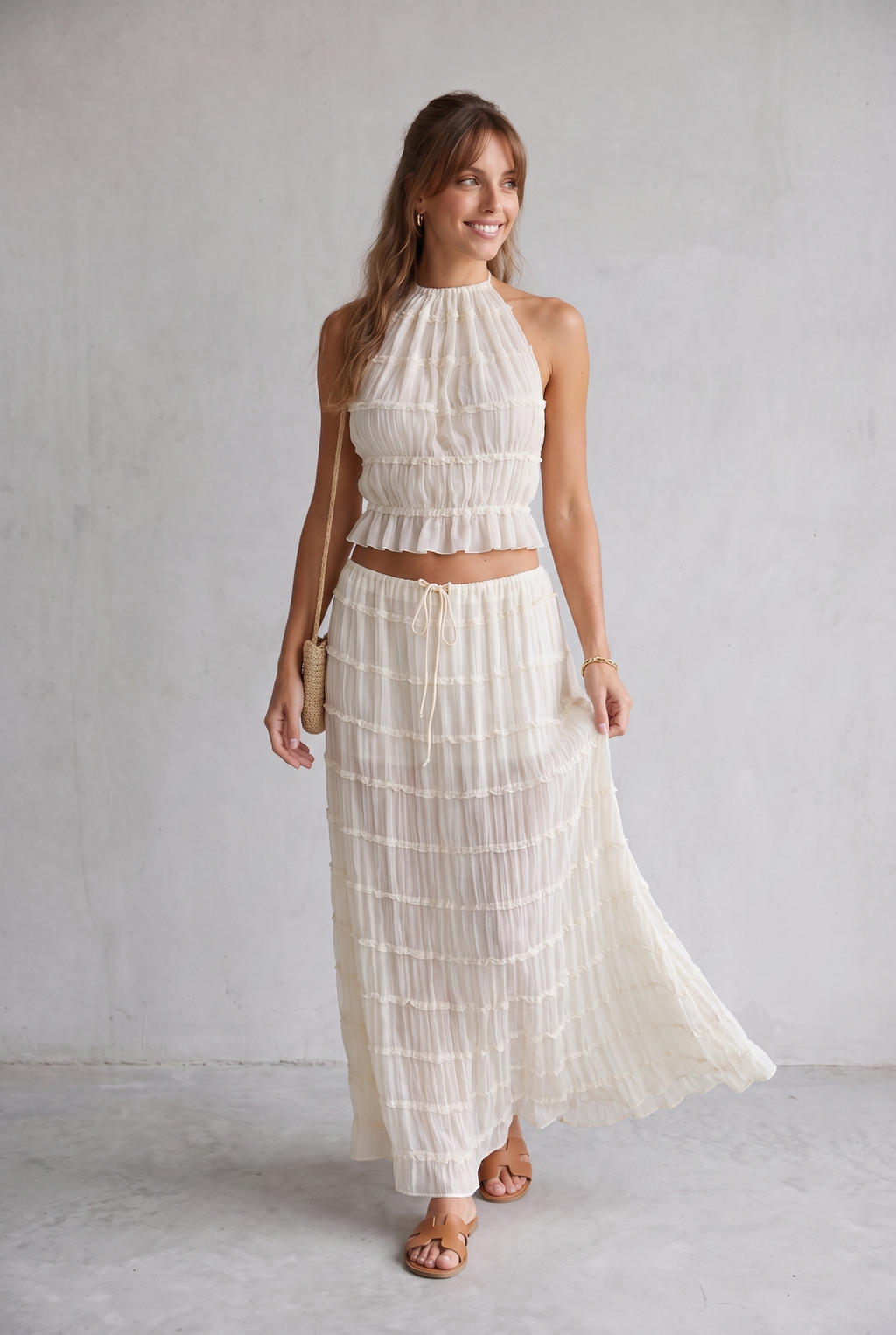 Ruffle Crop Top & Maxi Skirt Set For Women