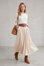 Velvet Pleated Skirt With Lace-Up Belt For Women