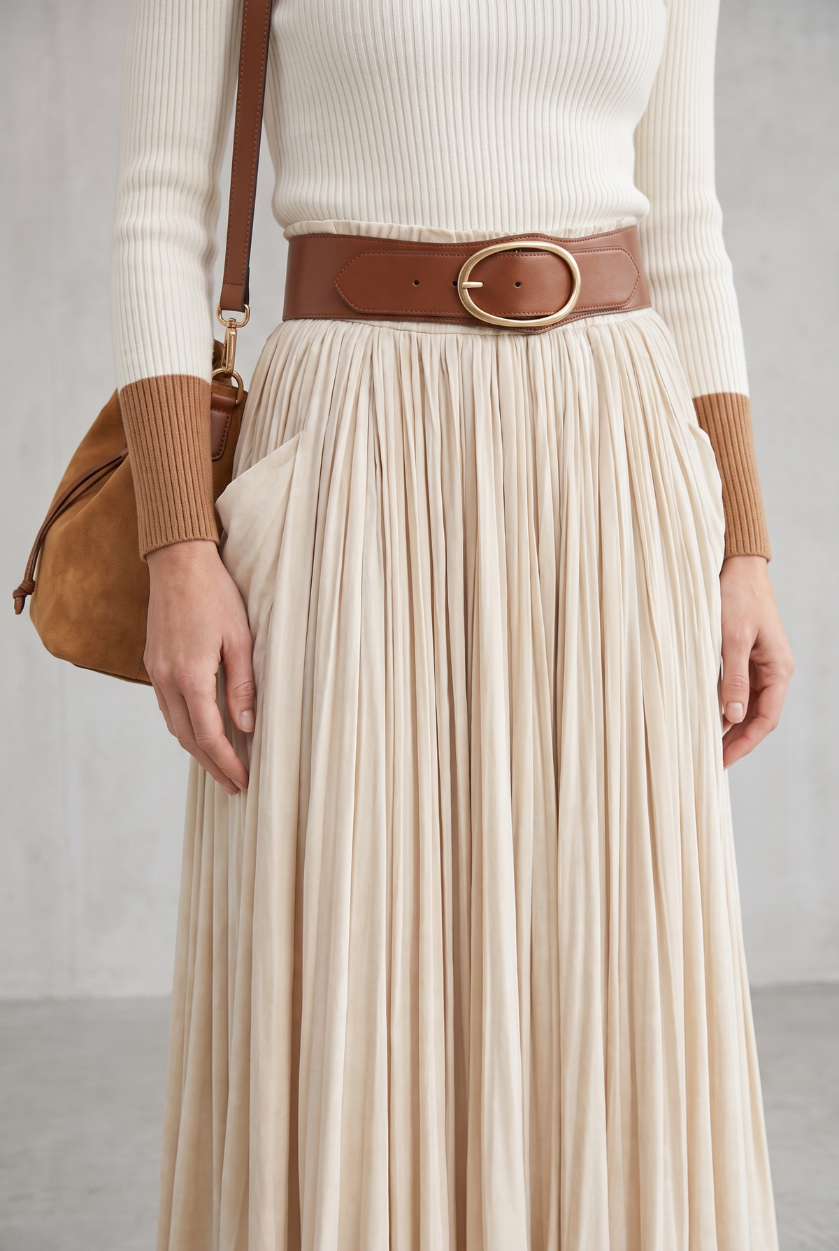 Velvet Pleated Skirt With Lace-Up Belt For Women