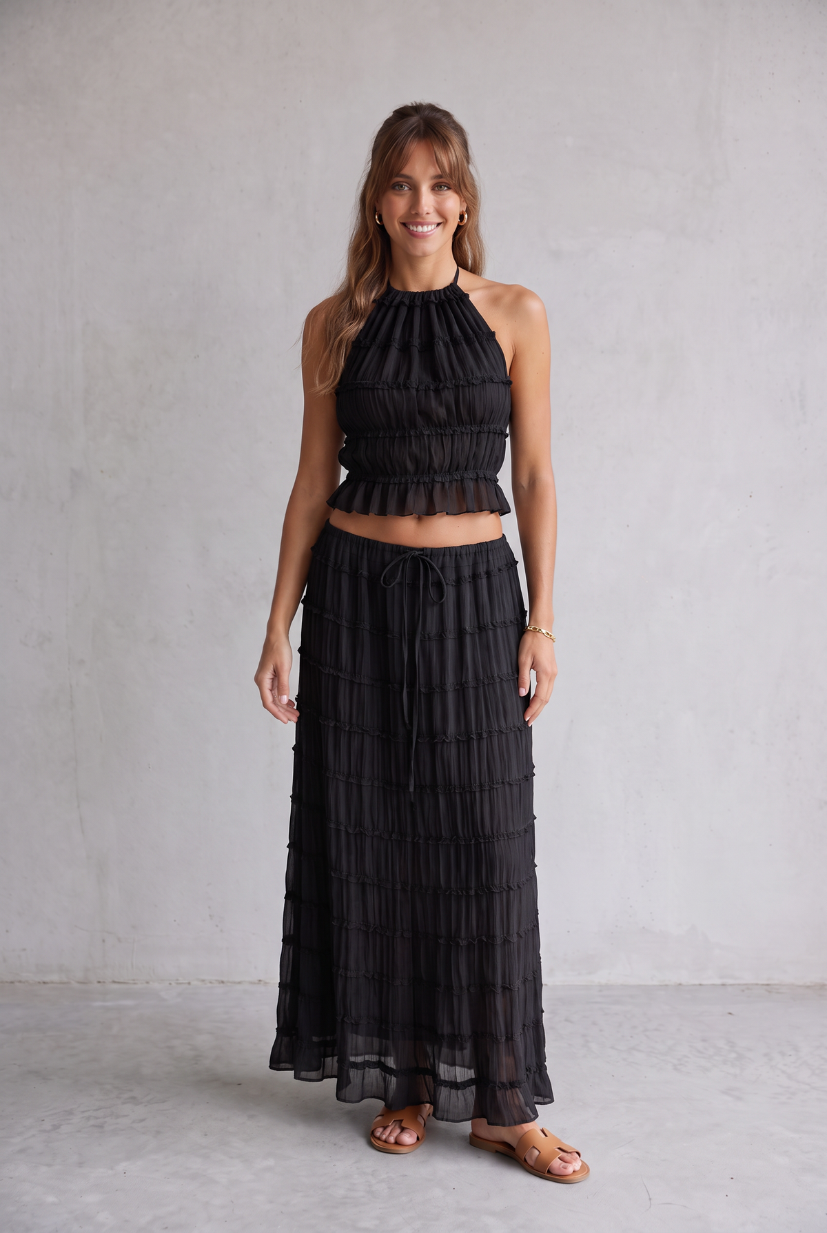 Ruffle Crop Top & Maxi Skirt Set For Women - Black