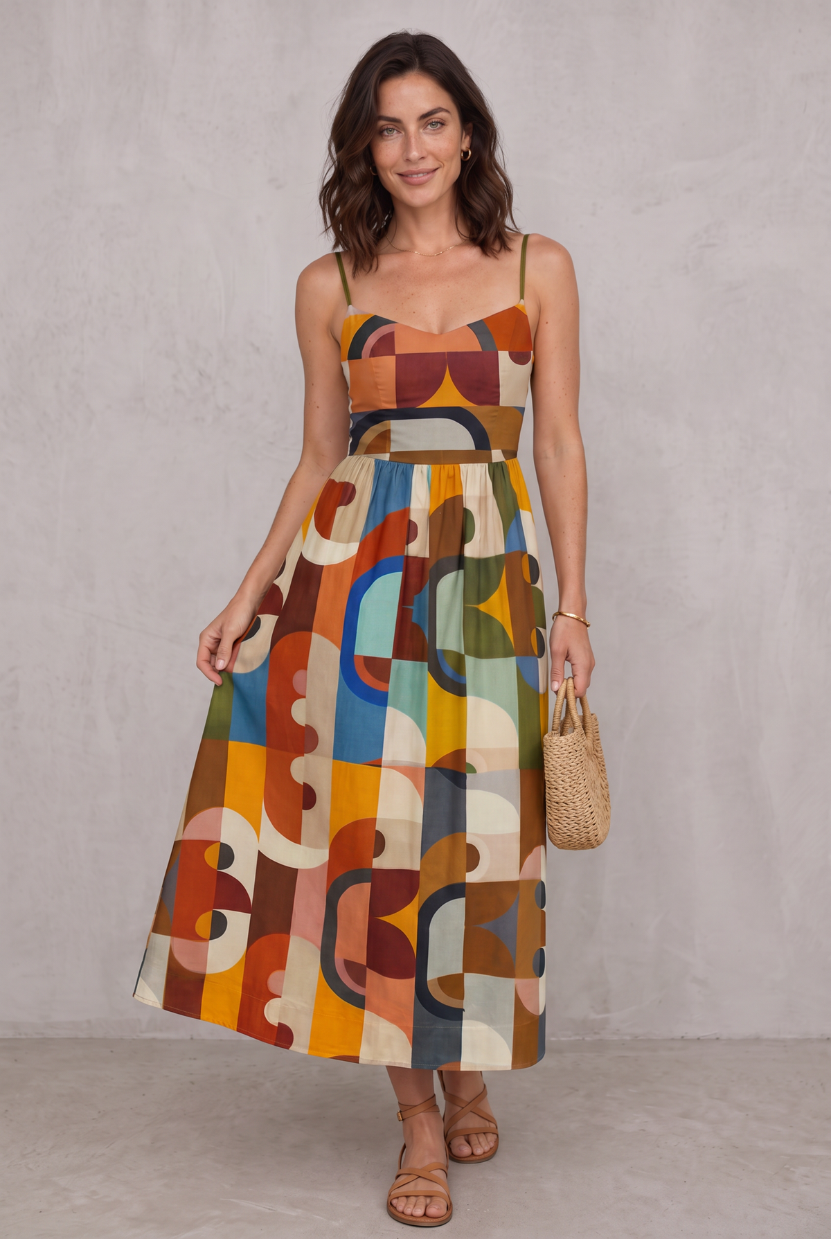 Multicolour Geometric Print Midi Dress For Women