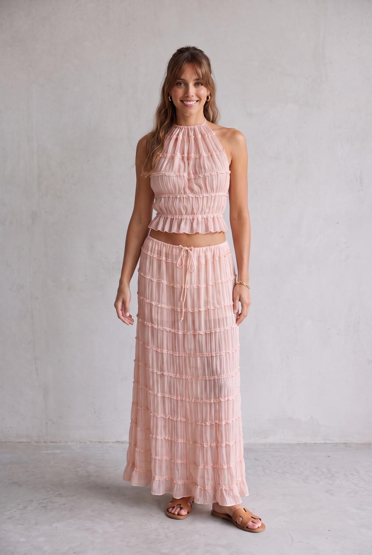Ruffle Crop Top & Maxi Skirt Set For Women - Pink