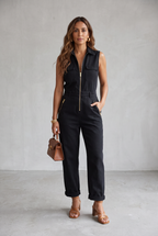Sleeveless Utility Jumpsuit with Gold Zip For Women