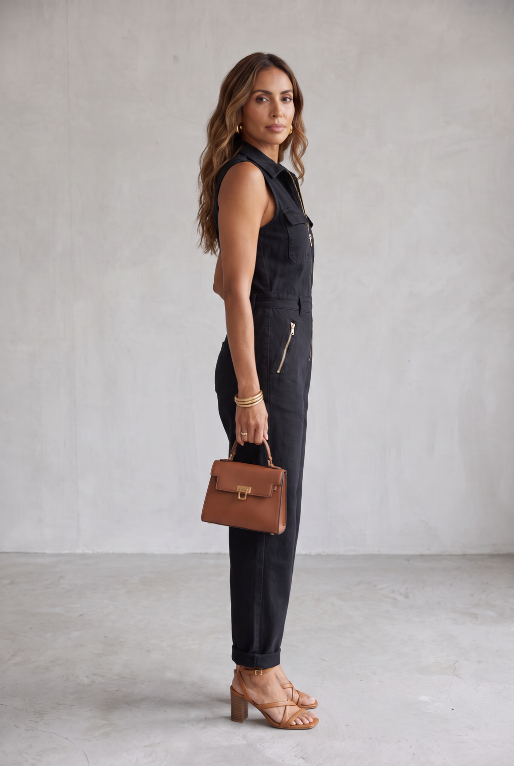 Sleeveless Utility Jumpsuit with Gold Zip For Women