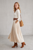 Velvet Pleated Skirt With Lace-Up Belt For Women