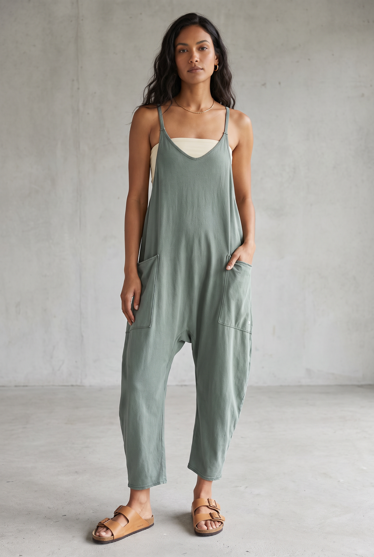 Brown Sleeveless Pocket Jumpsuit For Women