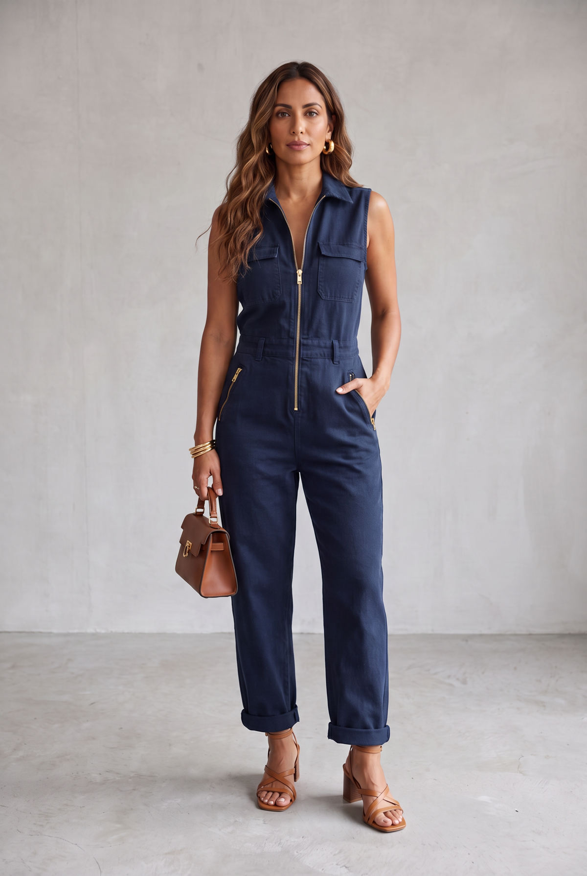 Sleeveless Utility Jumpsuit with Gold Zip For Women - Navy Blue