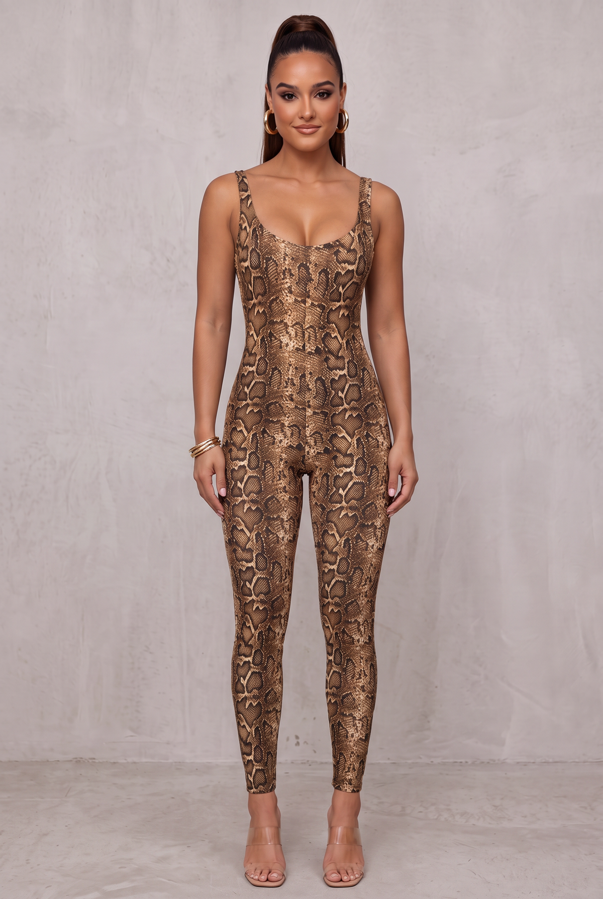 Leopard Print Scoop Neck Jumpsuit For Women - Sienna Snake Print