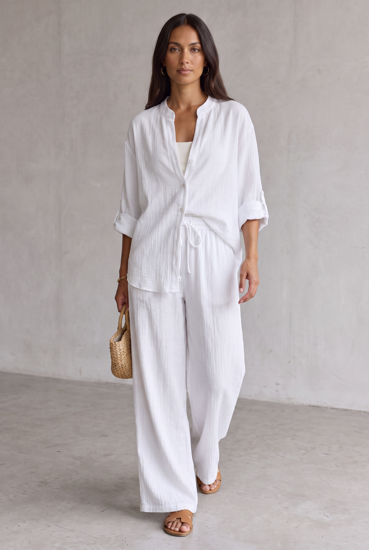 Linen Look Wide Leg Two Piece Set For Women