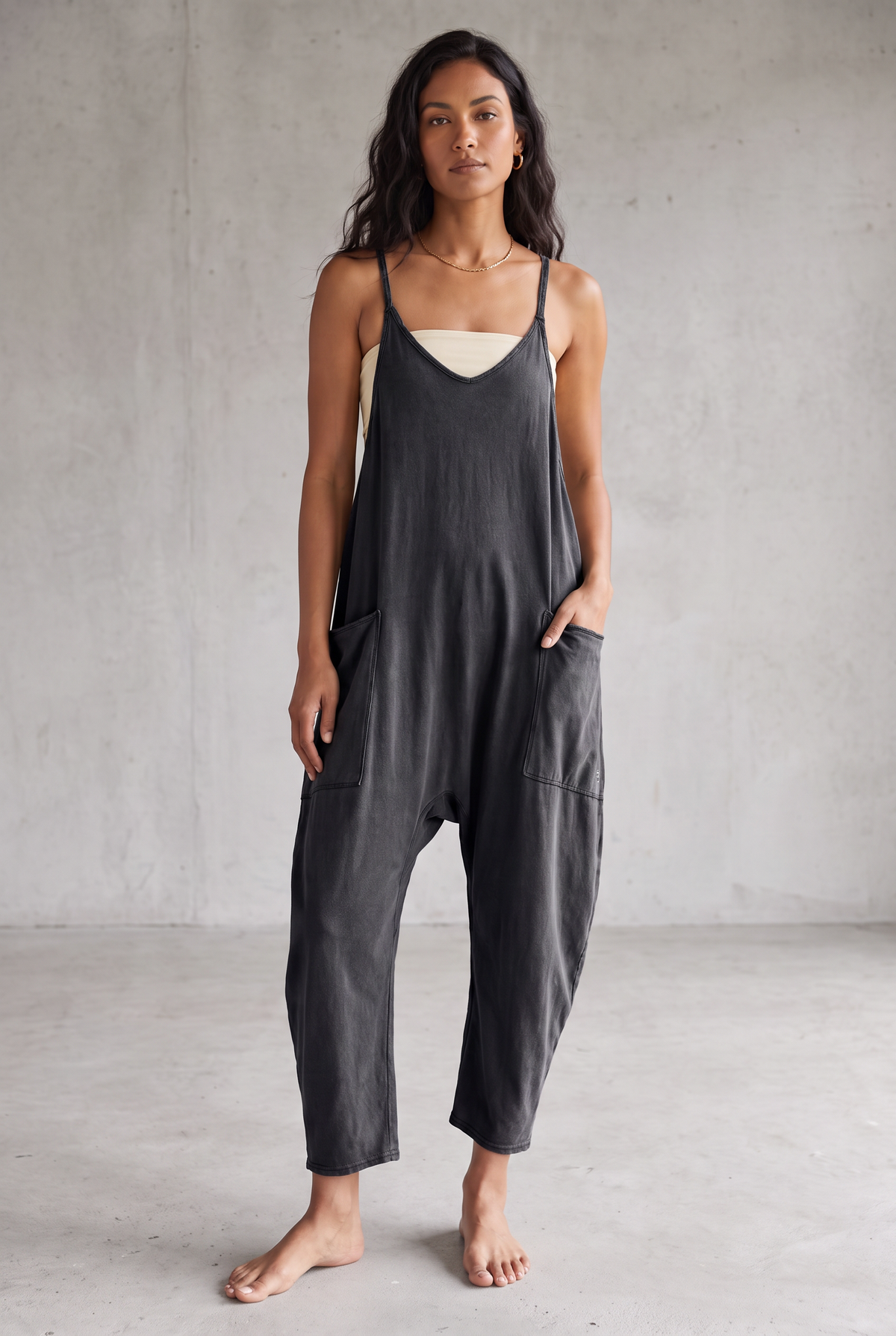 Brown Sleeveless Pocket Jumpsuit For Women - Black