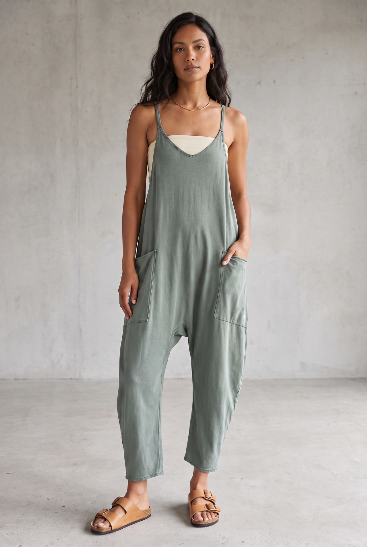 Brown Sleeveless Pocket Jumpsuit For Women - Grey