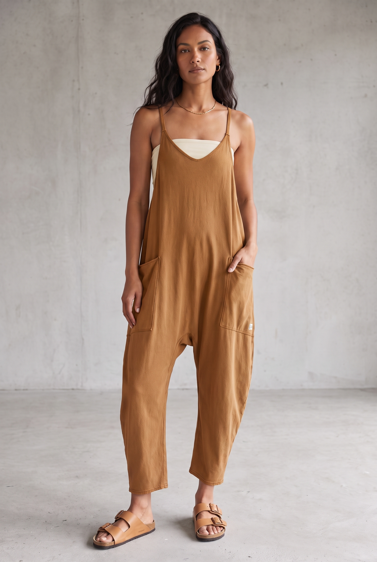 Brown Sleeveless Pocket Jumpsuit For Women - Brown