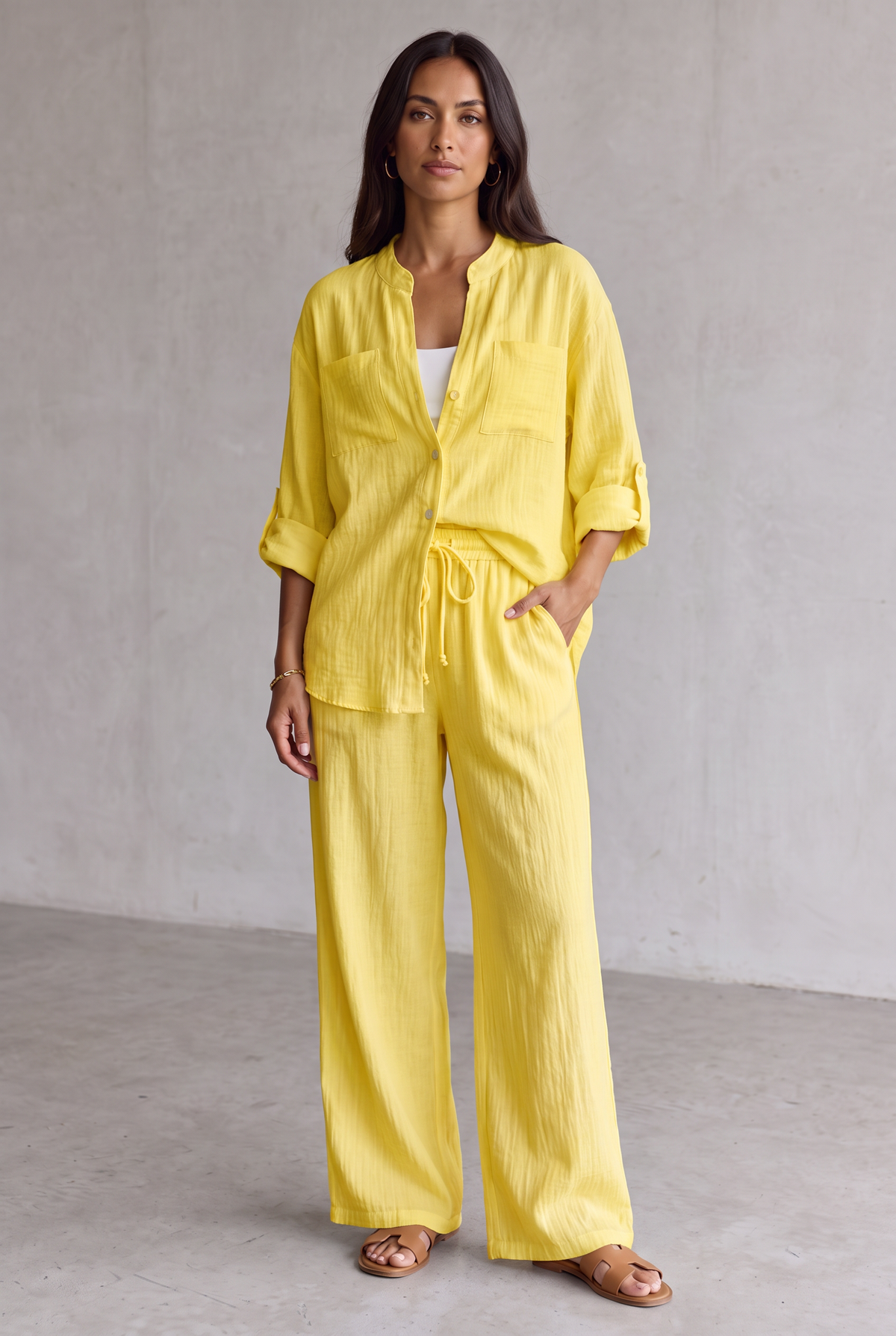 Linen Look Wide Leg Two Piece Set For Women - Yellow