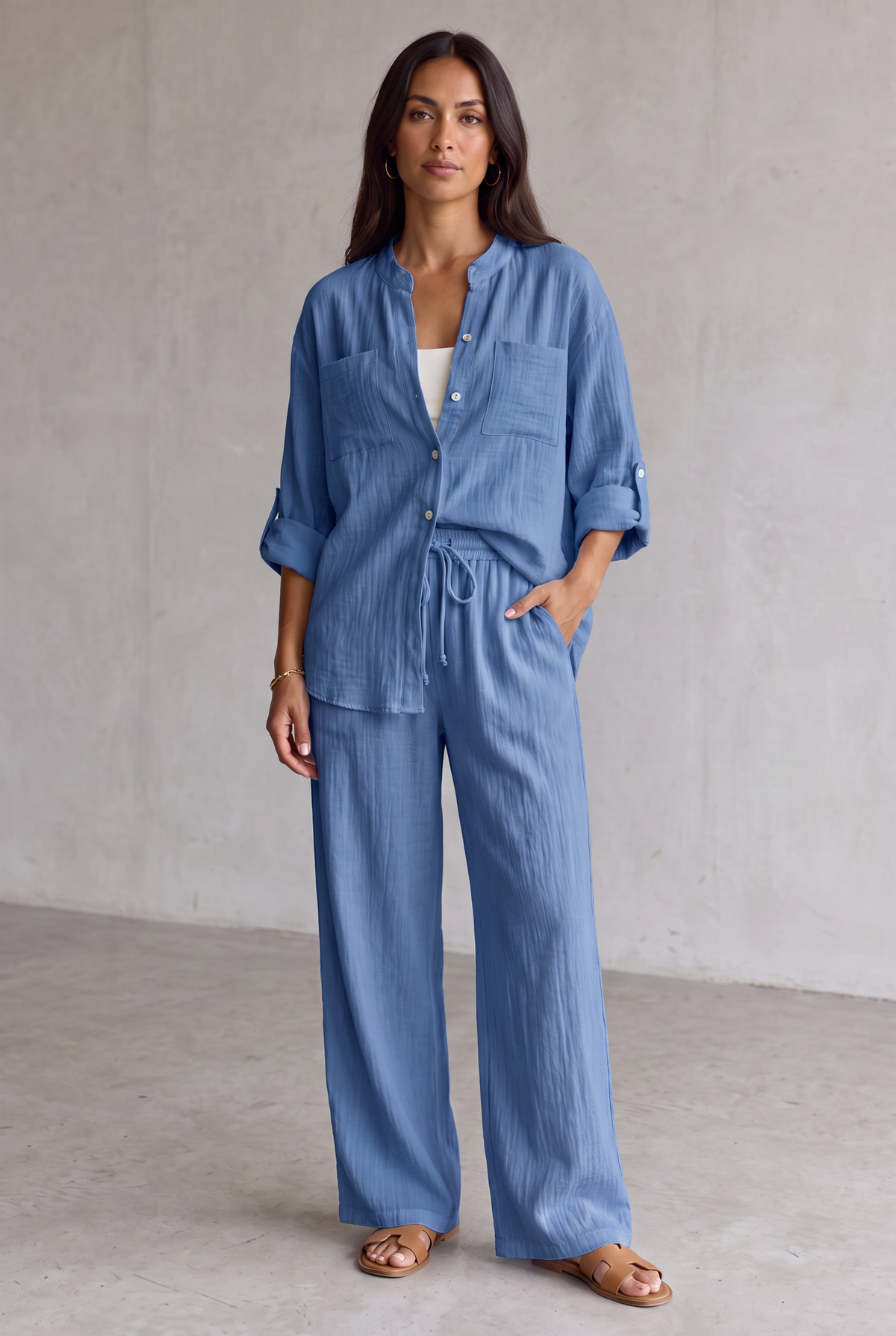 Linen Look Wide Leg Two Piece Set For Women - Blue