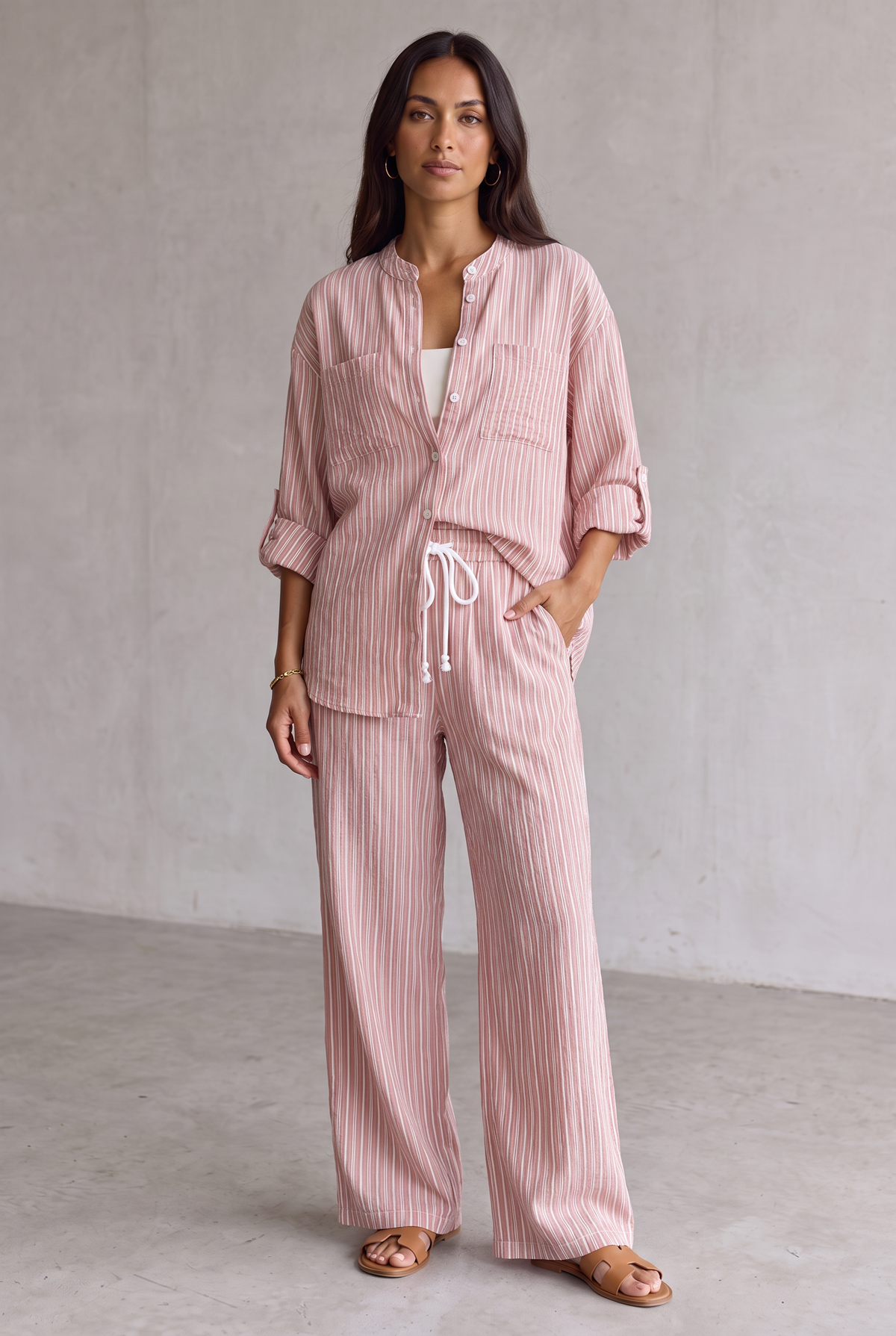 Linen Look Wide Leg Two Piece Set For Women - Apricot