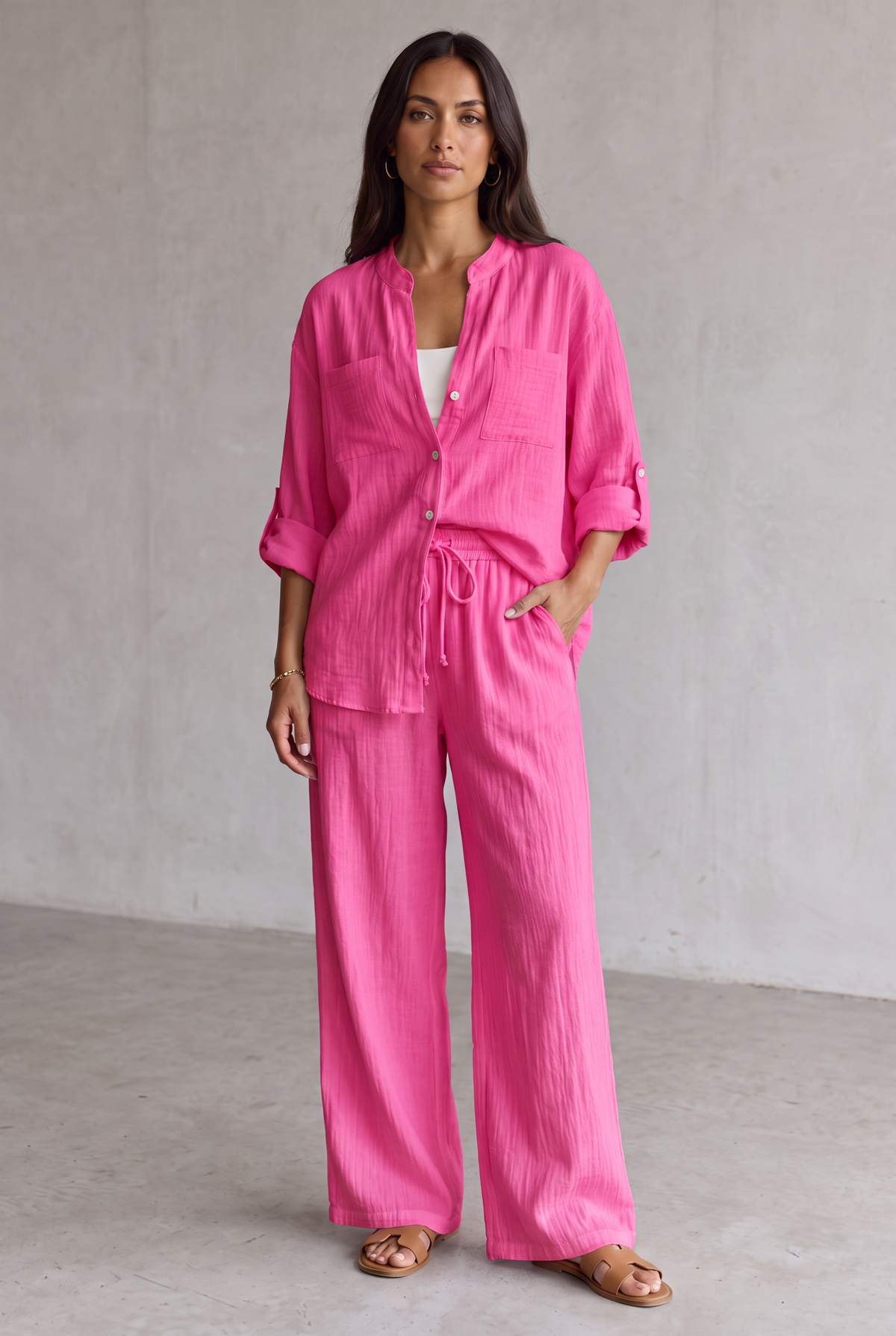 Linen Look Wide Leg Two Piece Set For Women - Pink