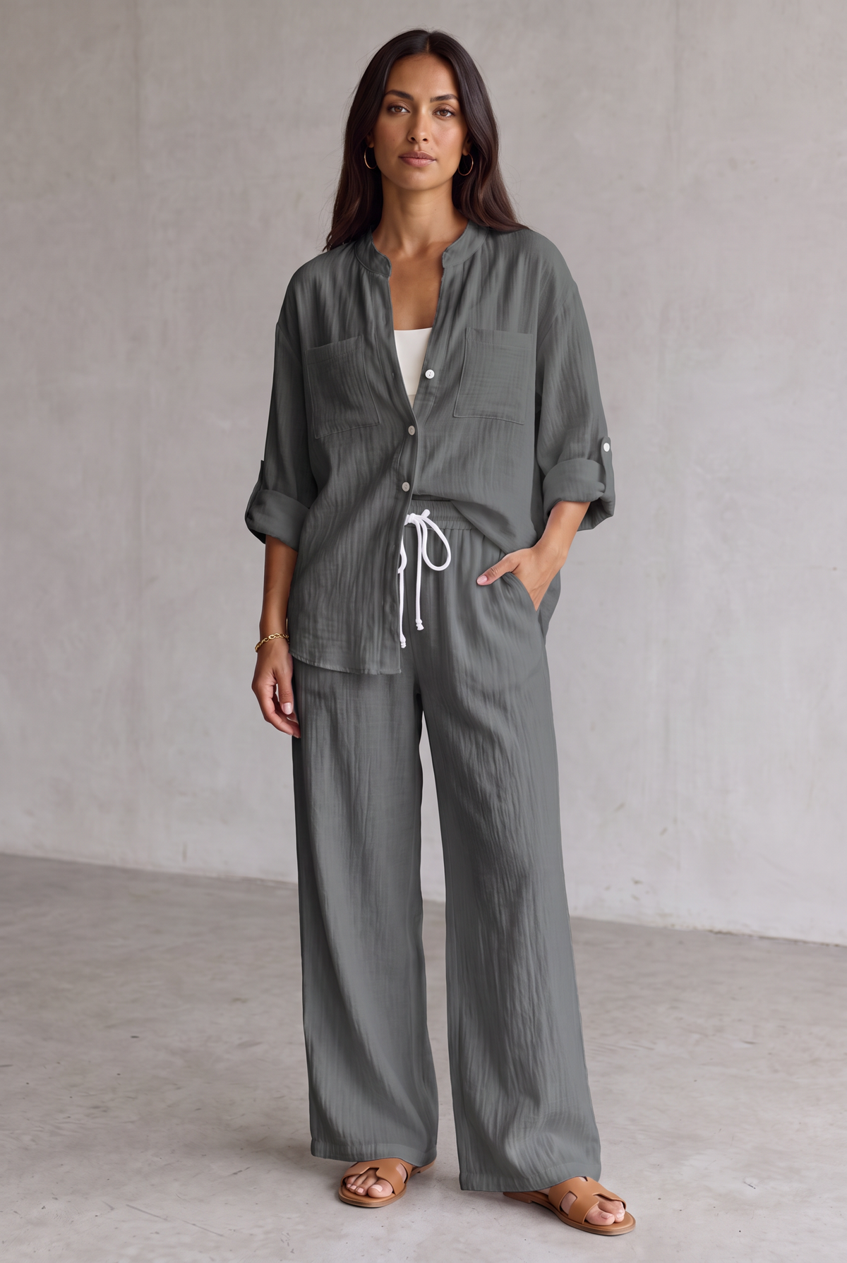 Linen Look Wide Leg Two Piece Set For Women - Dark Grey