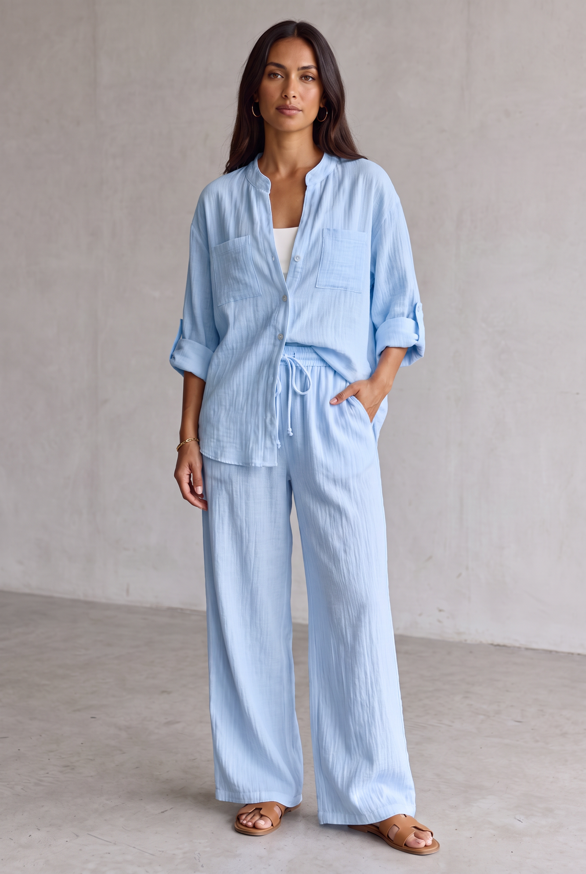 Linen Look Wide Leg Two Piece Set For Women - Light Blue