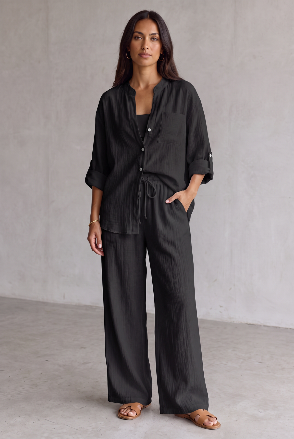 Linen Look Wide Leg Two Piece Set For Women - Black