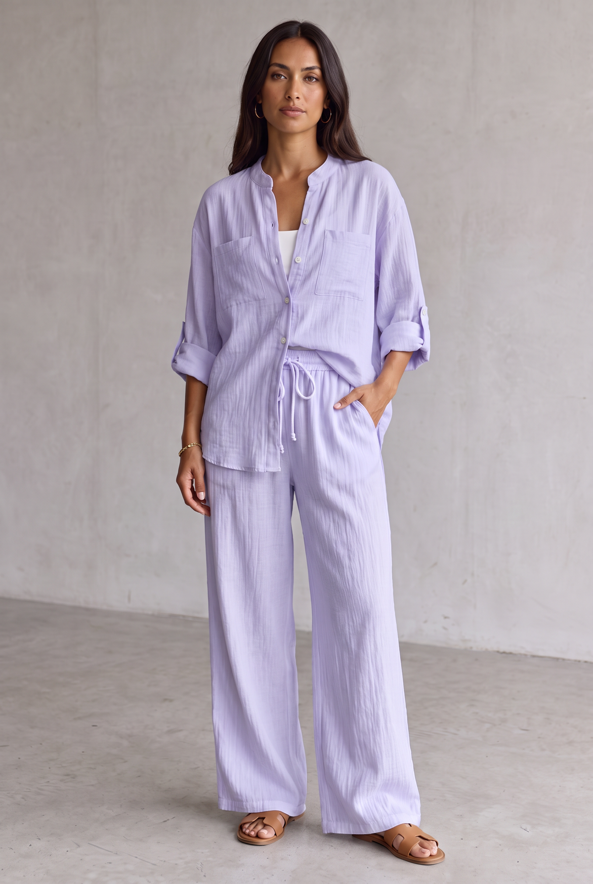 Linen Look Wide Leg Two Piece Set For Women - Purple