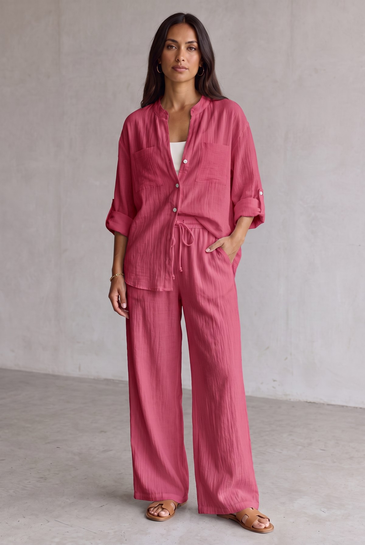 Linen Look Wide Leg Two Piece Set For Women - Rose Red