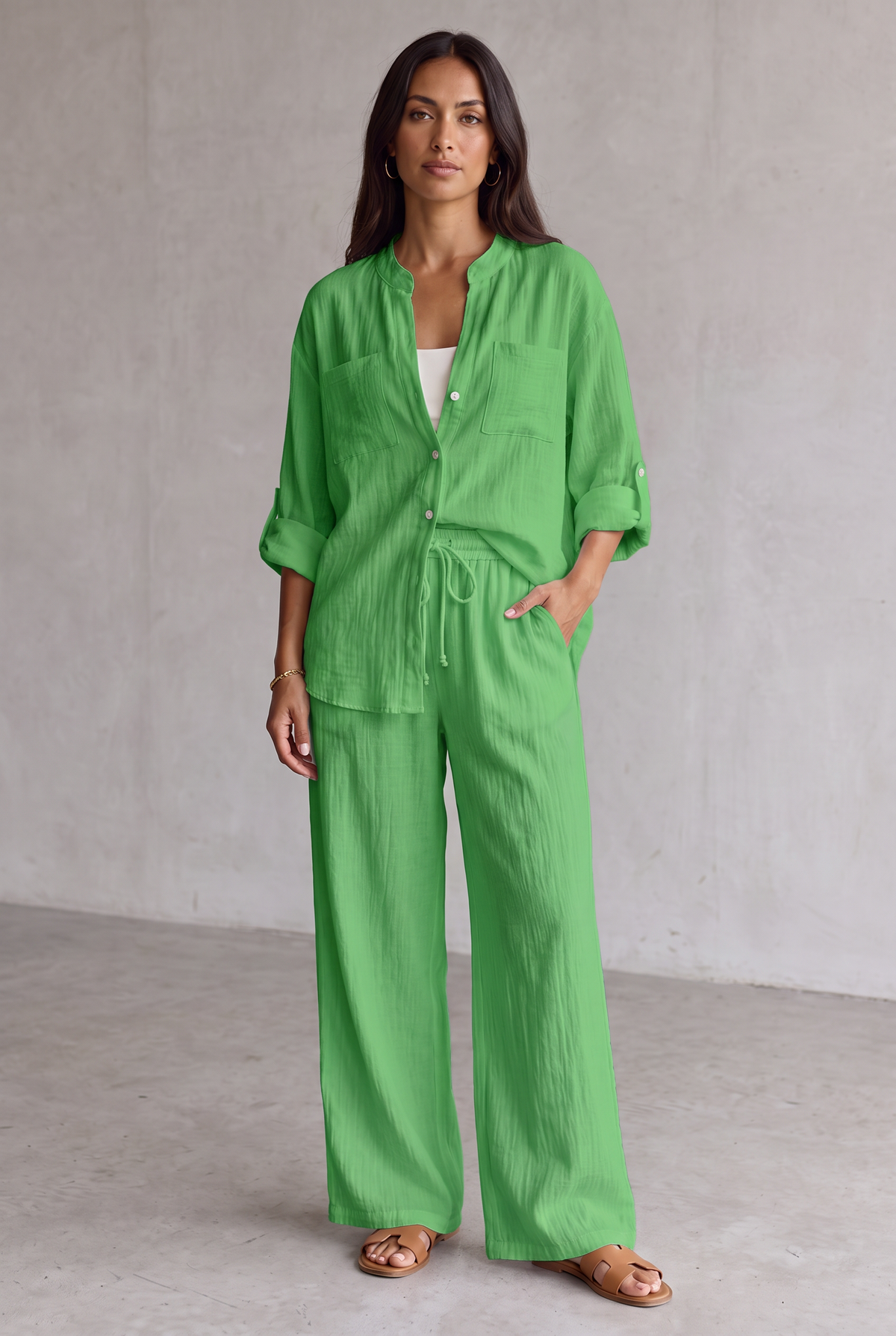 Linen Look Wide Leg Two Piece Set For Women - Green