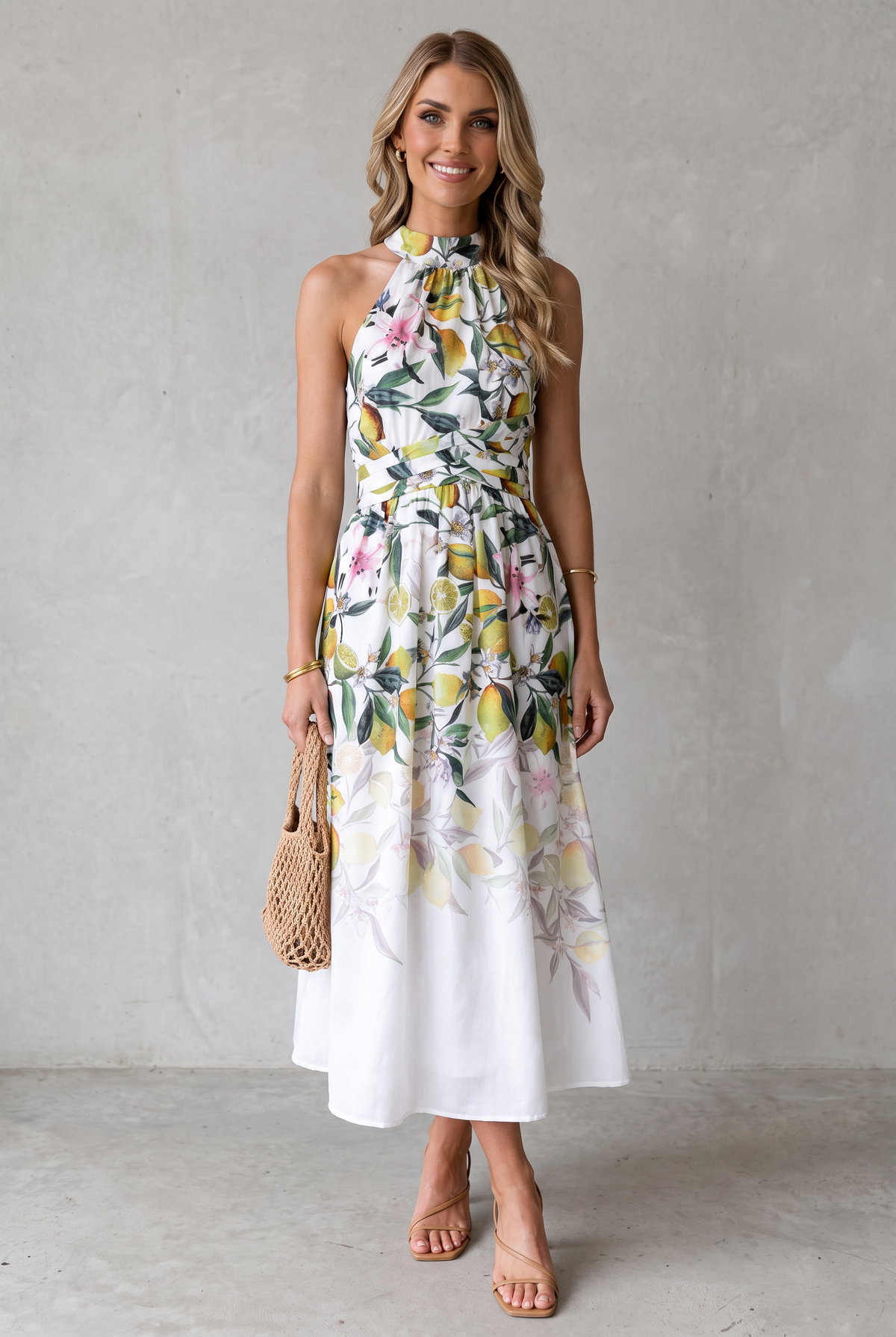 Women's Floral Halterneck Midi Cocktail Party Dress
