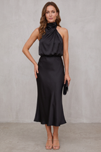 Women's Satin Halter Neck Cocktail Party Dress Midi Length