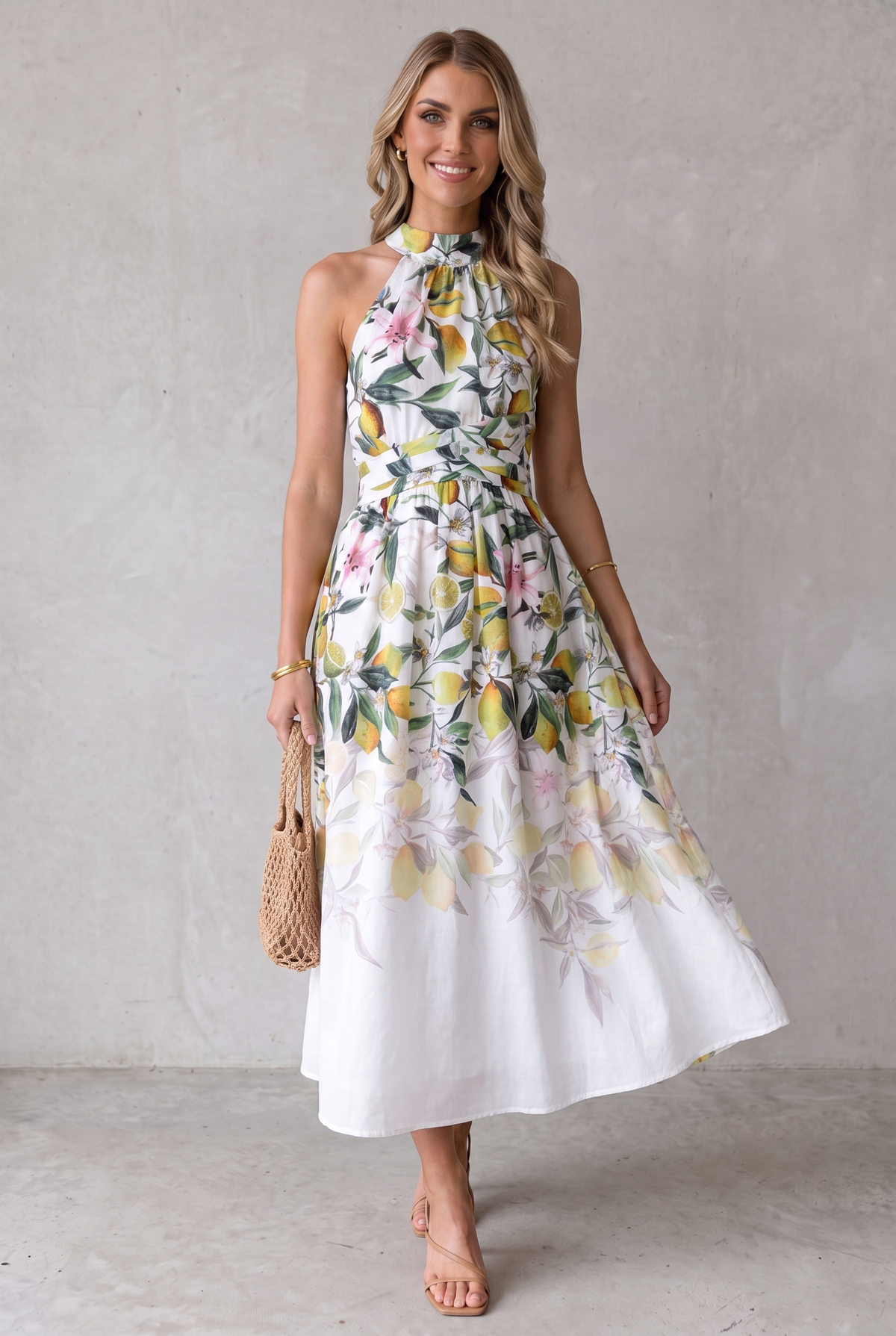 Women's Floral Halterneck Midi Cocktail Party Dress