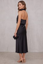 Women's Satin Halter Neck Cocktail Party Dress Midi Length
