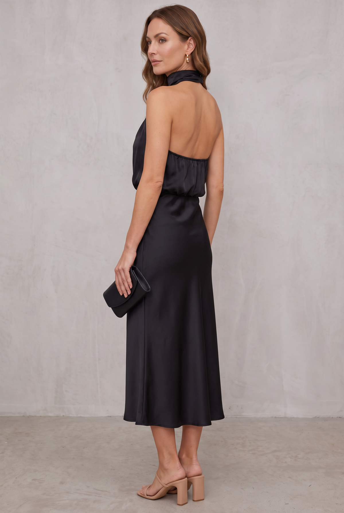 Women's Satin Halter Neck Cocktail Party Dress Midi Length
