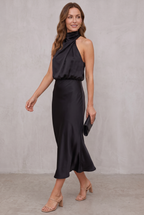 Women's Satin Halter Neck Cocktail Party Dress Midi Length