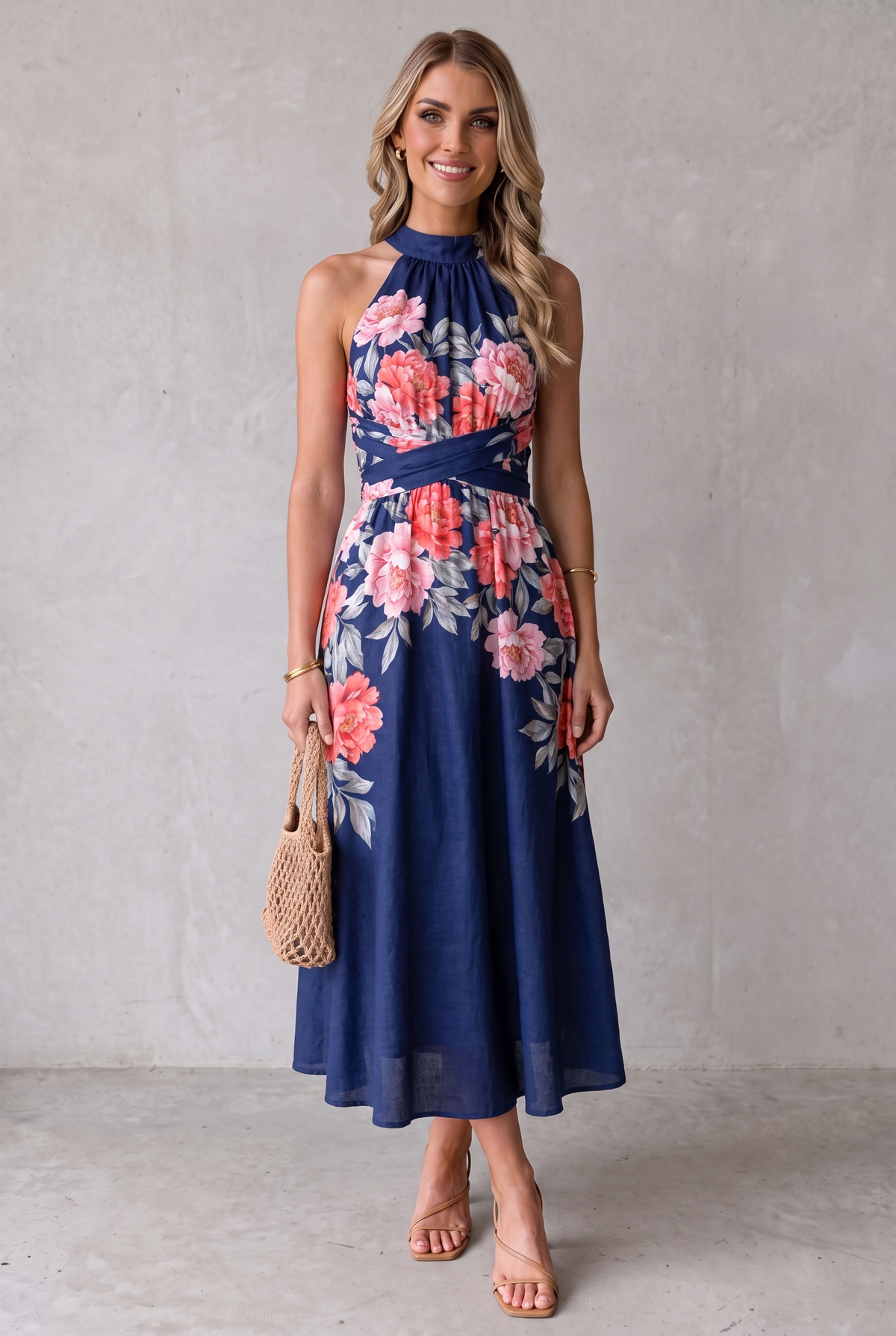 Women's Floral Halterneck Midi Cocktail Party Dress - Navy Blue