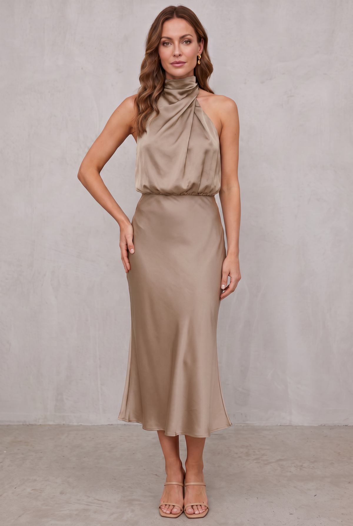Women's Satin Halter Neck Cocktail Party Dress Midi Length - Khaki