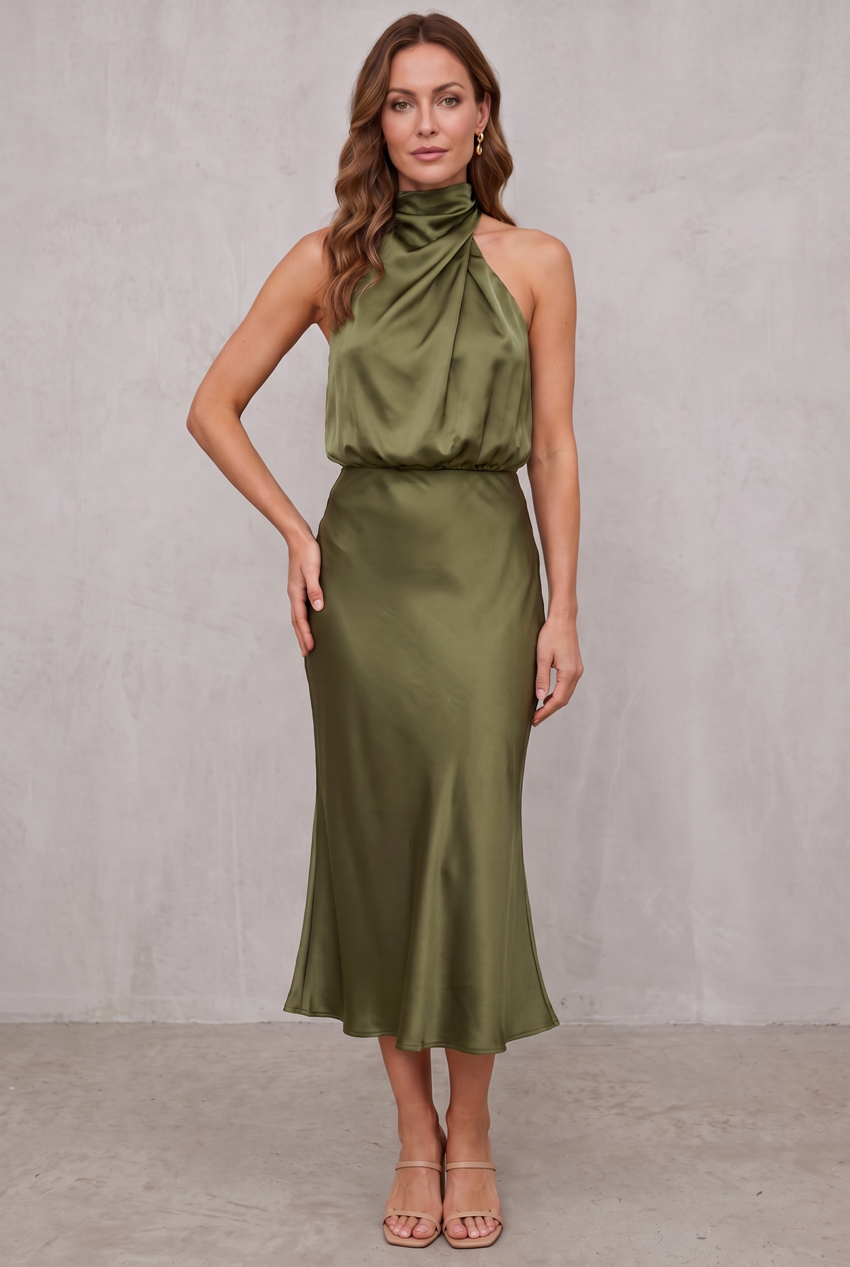 Women's Satin Halter Neck Cocktail Party Dress Midi Length - Olive Green